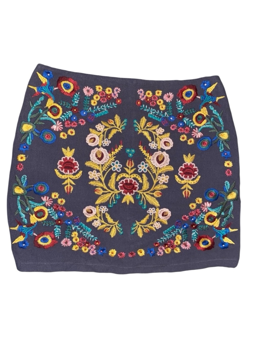 Altar’d state / umgee embroidered gray mini skirt, boho floral design, NWT large